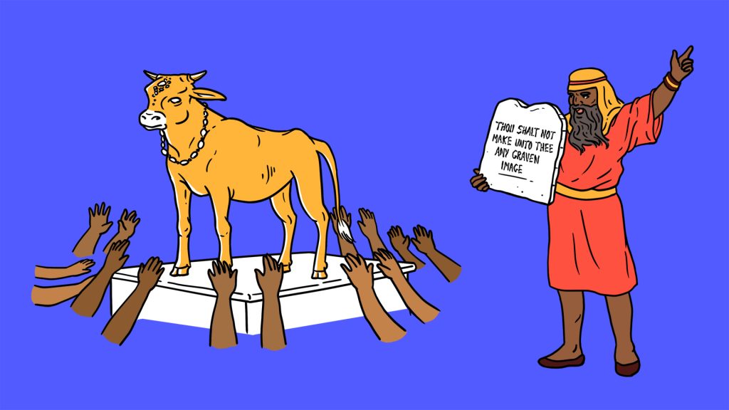 People worshipping the golden calf and Moses holding the second commandment