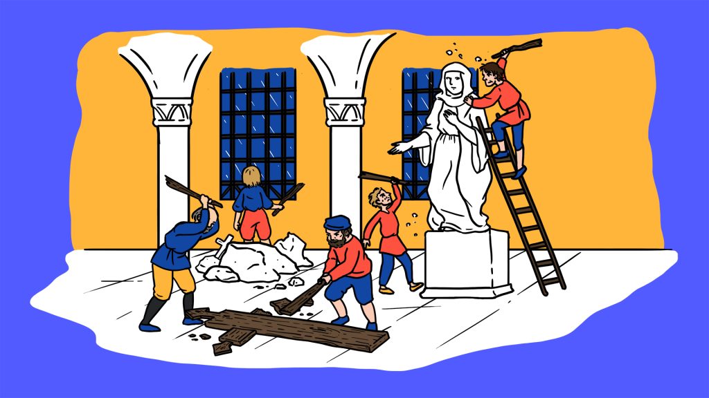 Radical Protestants destroying religious imagery during the 16th century