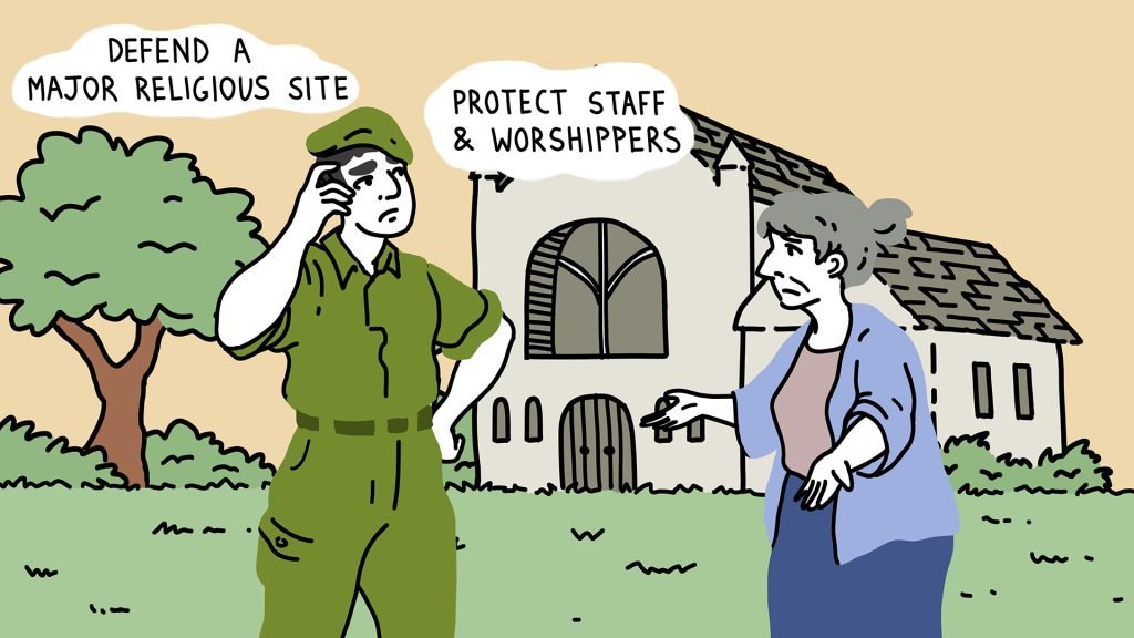 Soldier deciding whether to keep cultural site open or closed it off