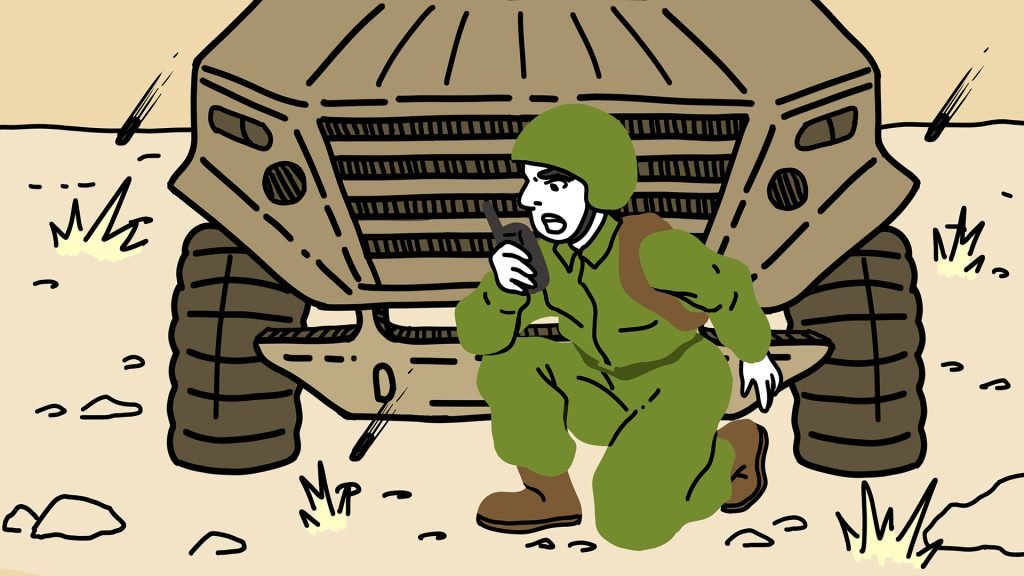 Soldier taking cover behind vehicle