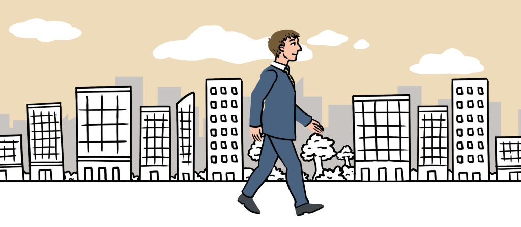 Main character walking through the city