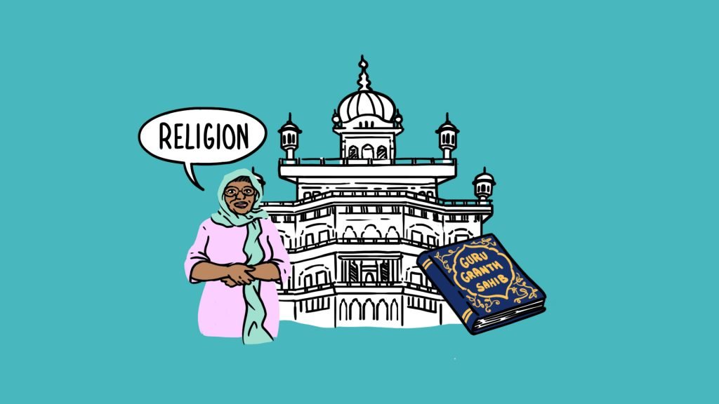 Sikh woman standing in front of a gurdwara with a copy of the Guru Granth Sahib on the right
