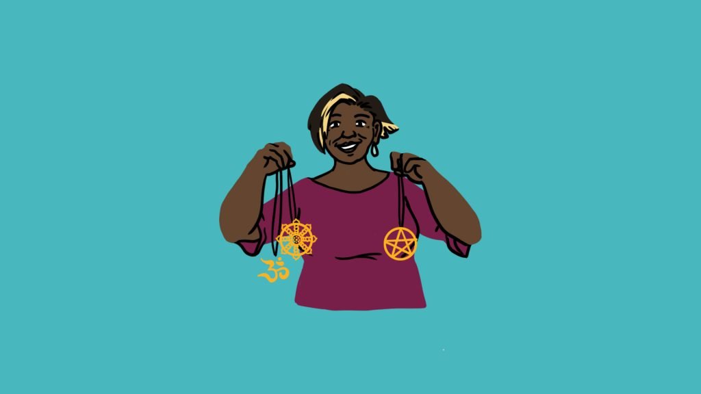 A character holding up symbols representing different religious traditions