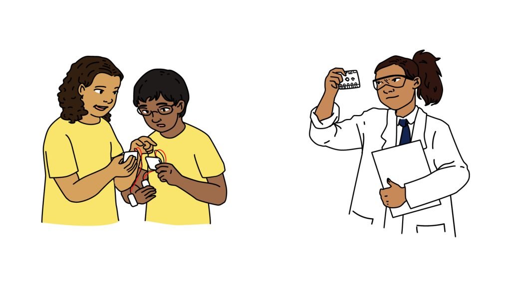 Left: Two students using the micro:bit. Right: Student in lab coat reading measurements on micro:bit
