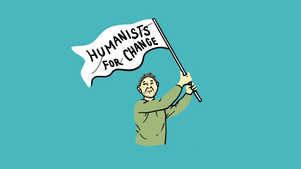 A character holding a "Humanists for change" flag